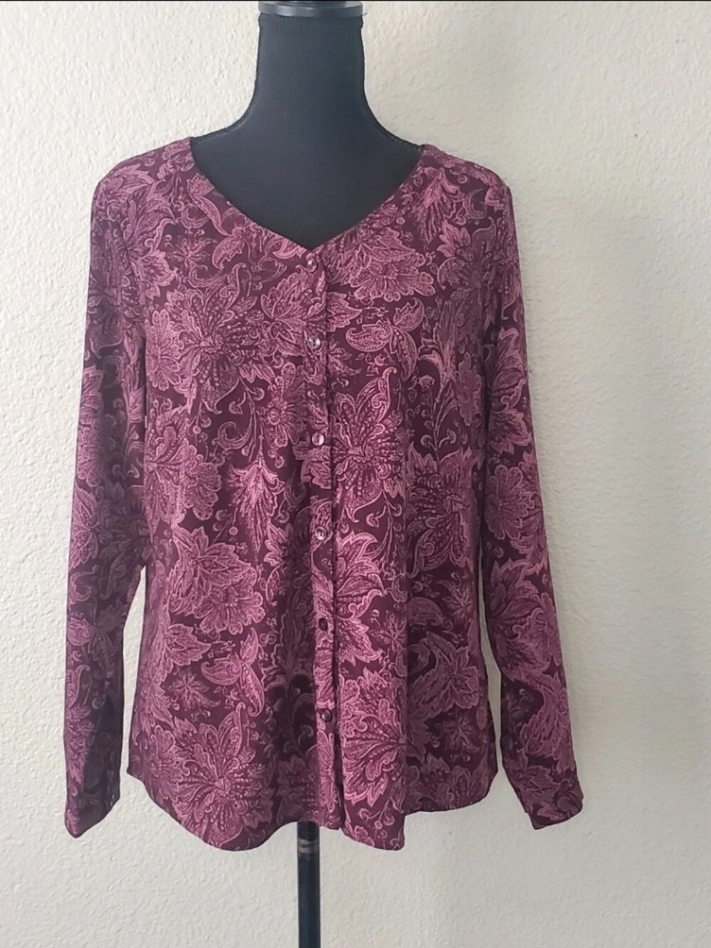 NWOT Christopher & Banks Blouse Purple Floral Button Up Long Sleeve Women Med.